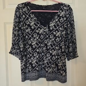 Lucky Brand Navy and White Floral Blouse